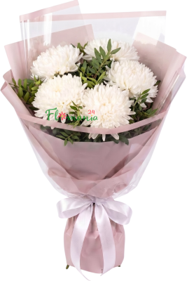 Букет из пушистых белоснежных хризантем «Этюд» с фисташкой